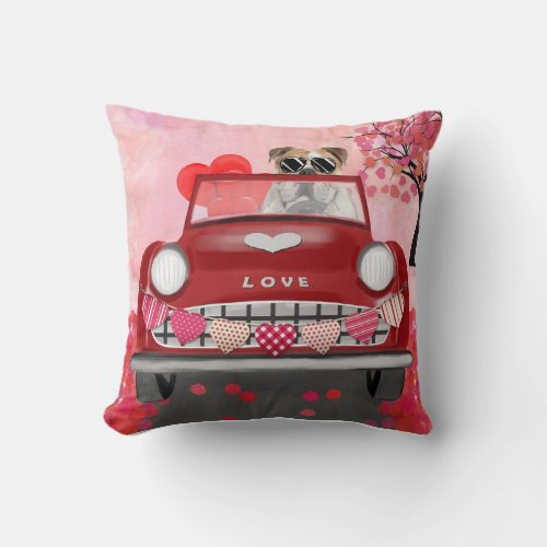 English Bulldog Driving Car with Hearts Valentine Throw Pillow