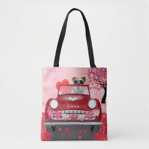 English Bulldog Driving Car with Hearts Valentine Tote Bag