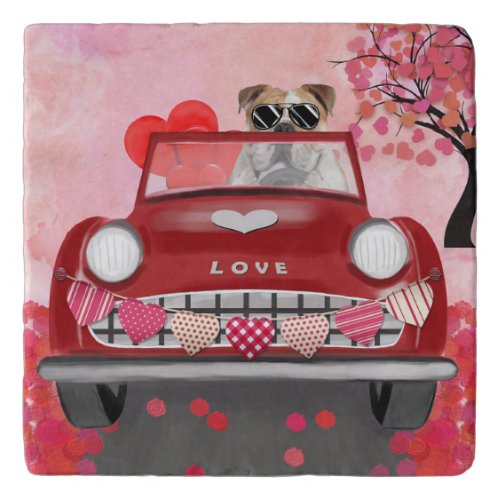 English Bulldog Driving Car with Hearts Valentine Trivet