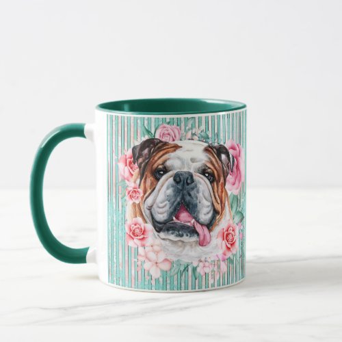English bulldog face watercolor illustration rose mug