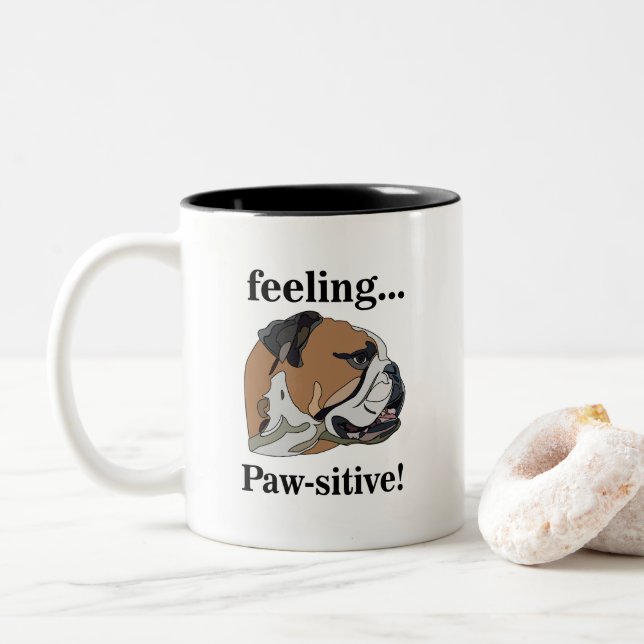 English Bulldog Feeling Pawsitive Dog Mom  Two-Tone Coffee Mug (With Donut)