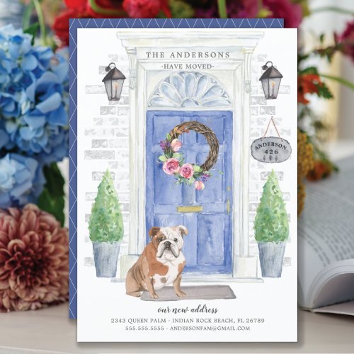 English Bulldog Front Door Moving Announcement - Announce your new address with our stylish announcement featuring a English Bulldog, blue front door, welcome mat, slate sign, topiaries and a floral wreath set on a gray brick background.