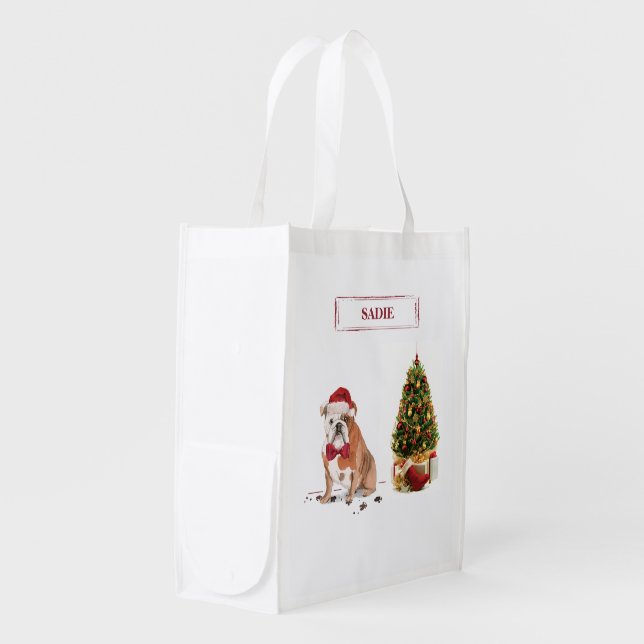 English Bulldog Funny Christmas Dog with Tree Grocery Bag (Front Side)