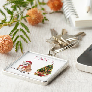 English Bulldog Funny Christmas Dog with Tree Keychain