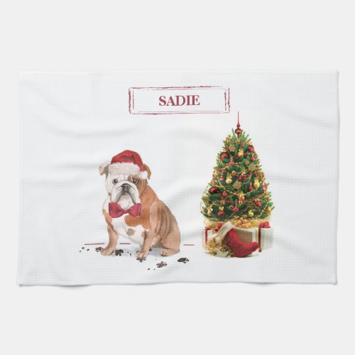English Bulldog Funny Christmas Dog with Tree Kitchen Towel