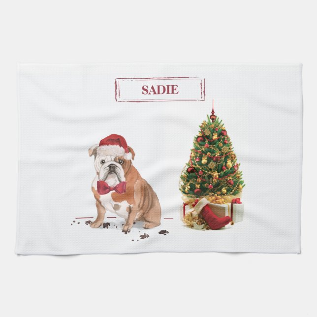 English Bulldog Funny Christmas Dog with Tree Kitchen Towel (Horizontal)