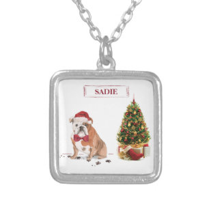 English Bulldog Funny Christmas Dog with Tree Silver Plated Necklace