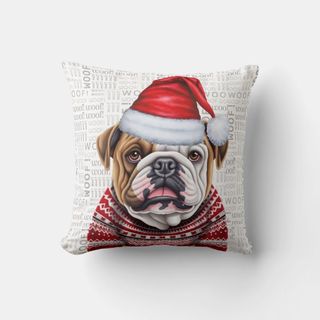 English Bulldog Funny Watercolor Christmas Throw Pillow (Front)