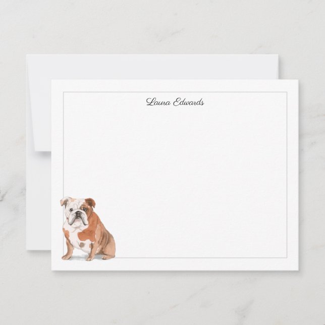 English Bulldog Gray Border Personalized Note Card (Front)