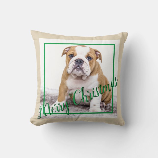 English Bulldog Green Christmas Holiday Photo Throw Pillow (Front)