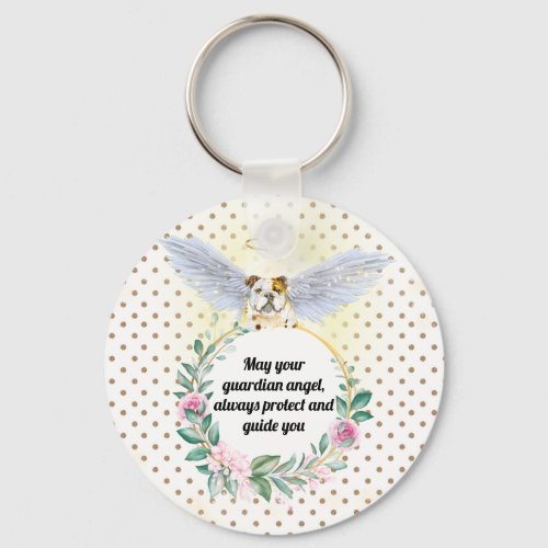 English bulldog guardian angel polka dot wreath keychain