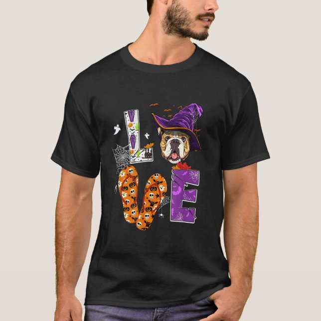 English Bulldog Halloween Costume Witch Hat Bulldo T-Shirt (Front)