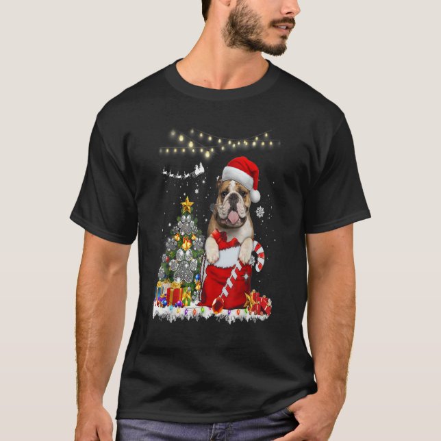 English Bulldog Hat Santa Lights Christmas Ornamen T-Shirt (Front)