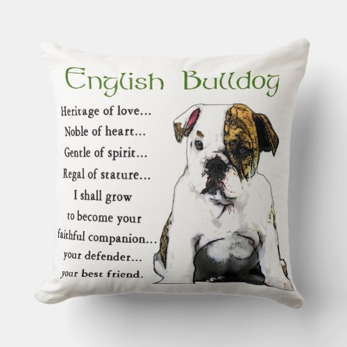 English Bulldog Heritage of Love Throw Pillow