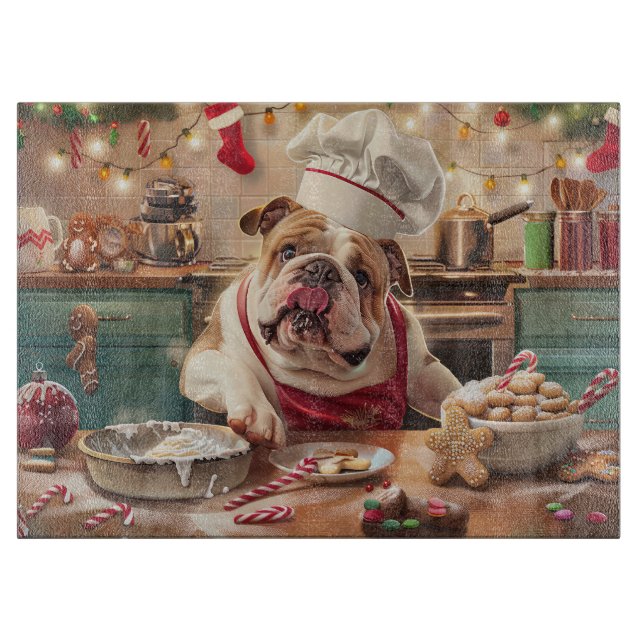 English Bulldog Holiday Baking: Festive Christmas Cutting Board (Front)
