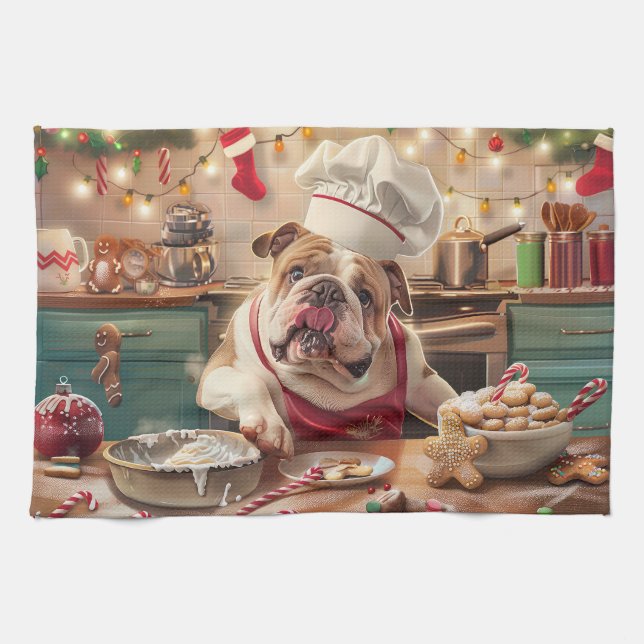 English Bulldog Holiday Baking: Festive Christmas Kitchen Towel (Horizontal)