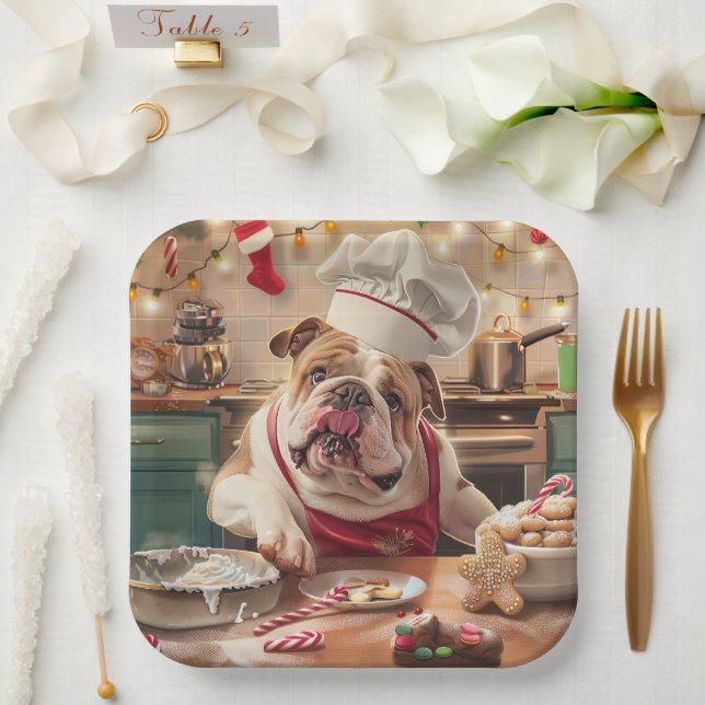 English Bulldog Holiday Baking: Festive Christmas Paper Plates (Wedding)