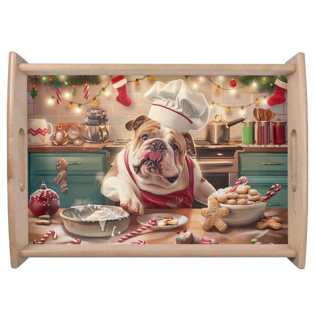 English Bulldog Holiday Baking: Festive Christmas Serving Tray (Front)