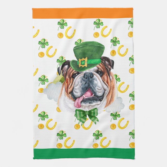 English Bulldog Holiday Home Decor St Patricks Day Kitchen Towel (Vertical)