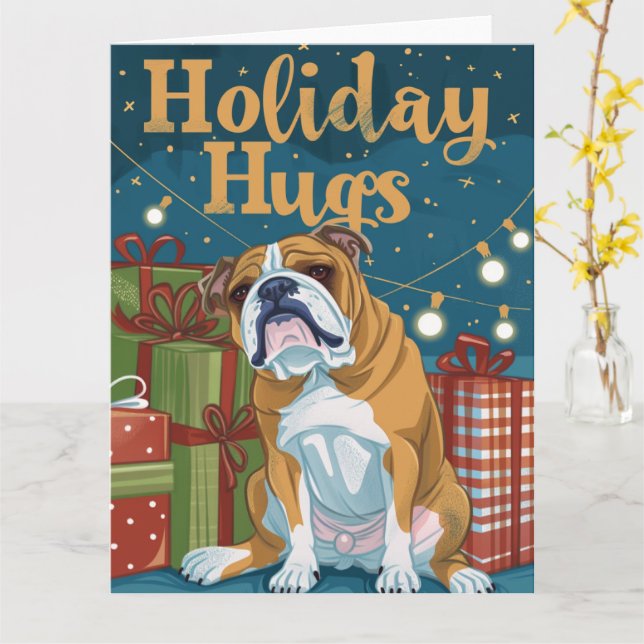 English Bulldog Holiday Hugs Lights Card (Yellow Flower)