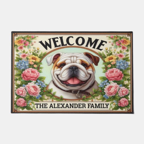 English Bulldog Home Sweet Floral Framed Welcome Doormat