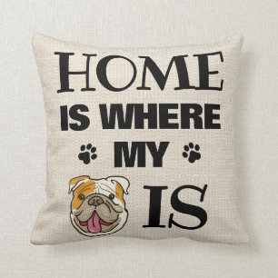 English Bulldog Home Where My Dog Is Cartoon Face Throw Pillow