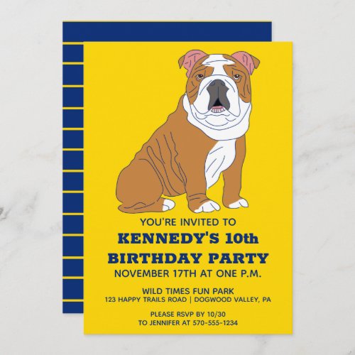 English Bulldog Illustration Custom Birthday Party Invitation