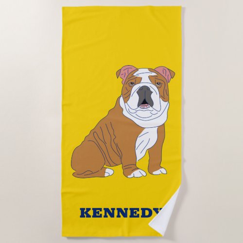 English Bulldog Illustration Personalized Beach Towel