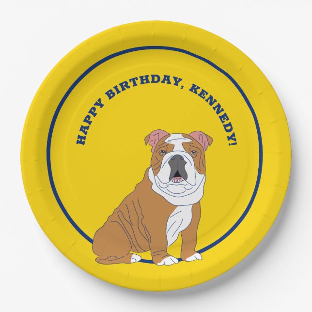 English Bulldog Illustration Personalized Party Paper Plates (Front)