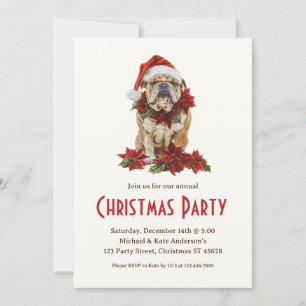 English Bulldog in a Santa Hat Dog Christmas Party Invitation