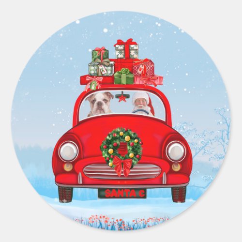 English Bulldog In Car With Santa Claus  Classic Round Sticker