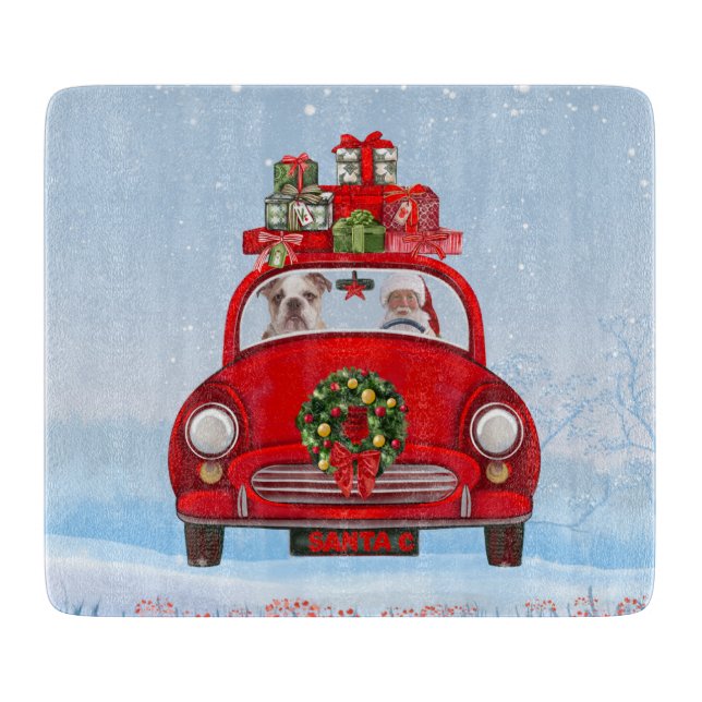 English Bulldog In Car With Santa Claus Cutting Board (Front)