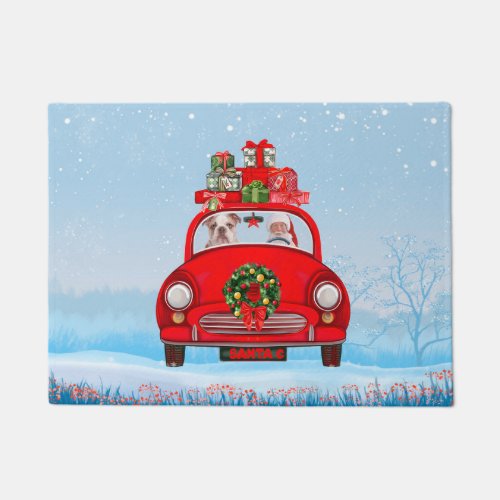 English Bulldog In Car With Santa Claus Doormat