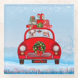 English Bulldog In Car With Santa Claus  Glass Coaster