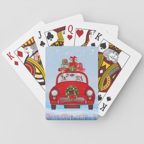 English Bulldog In Car With Santa Claus Playing Cards