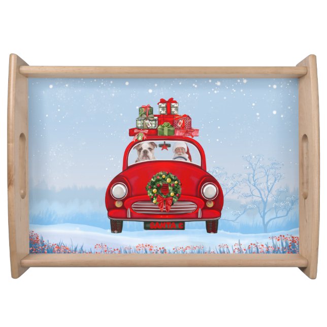 English Bulldog In Car With Santa Claus Serving Tray (Front)