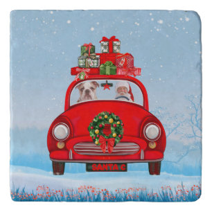 English Bulldog In Car With Santa Claus  Trivet