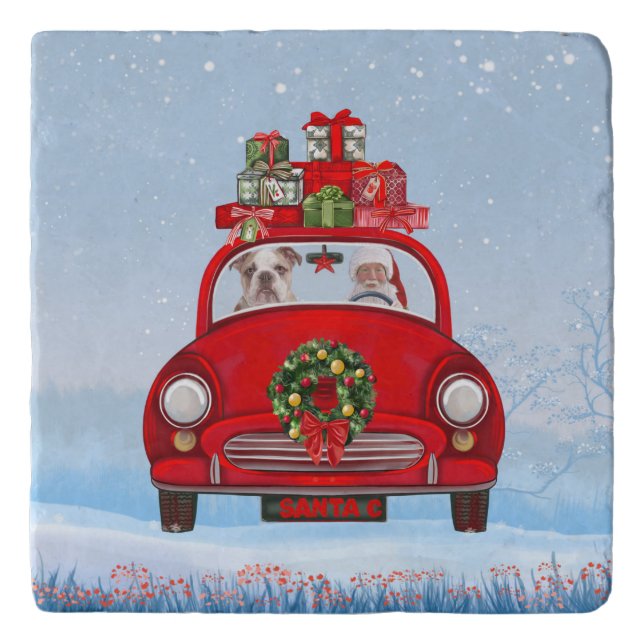 English Bulldog In Car With Santa Claus  Trivet (Front)
