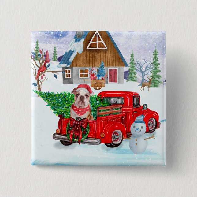 English Bulldog In Christmas Delivery Truck Snow Button (Front)
