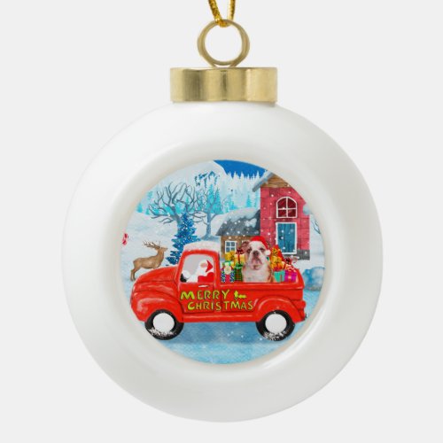 English Bulldog in Christmas Delivery Truck Snow Ceramic Ball Christmas Ornament