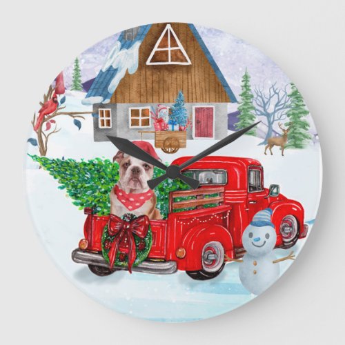 English Bulldog In Christmas Delivery Truck Snow Large Clock