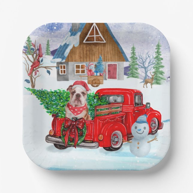 English Bulldog In Christmas Delivery Truck Snow  Paper Plates (Front)