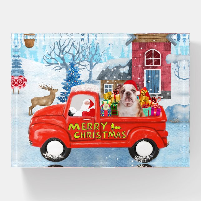 English Bulldog in Christmas Delivery Truck Snow Paperweight (Front)