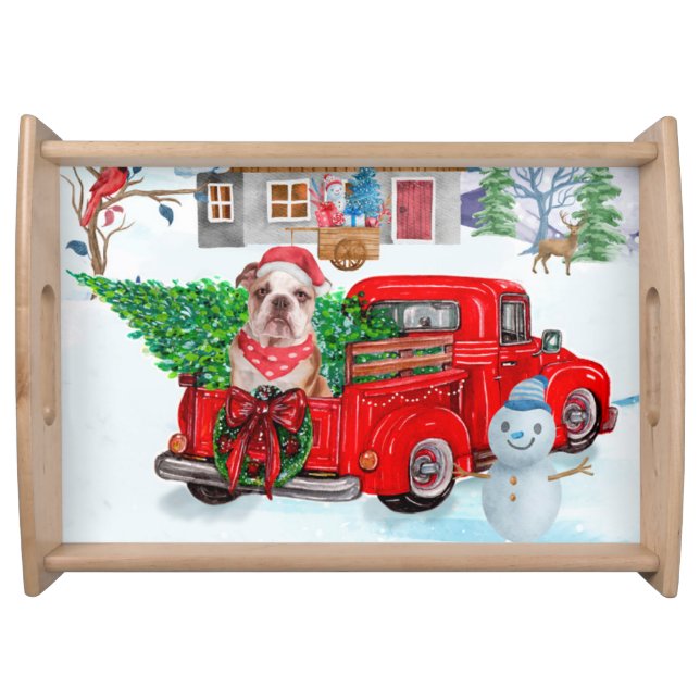 English Bulldog In Christmas Delivery Truck Snow Serving Tray (Front)