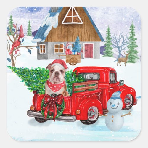 English Bulldog In Christmas Delivery Truck Snow Square Sticker