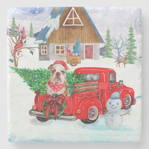 English Bulldog In Christmas Delivery Truck Snow  Stone Coaster