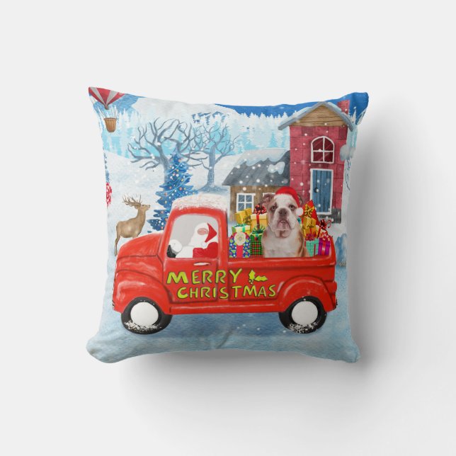 English Bulldog in Christmas Delivery Truck Snow Throw Pillow (Front)