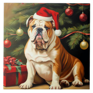 English Bulldog in Santa hat, Ceramic Tile