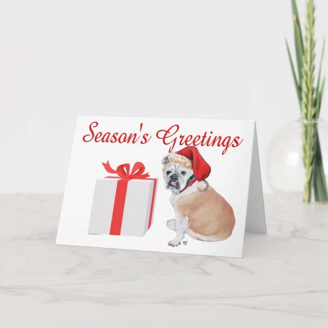 English Bulldog in Santa Hat Holiday Card (Front)