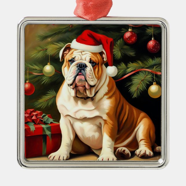 English Bulldog in Santa hat, Metal Ornament (Front)